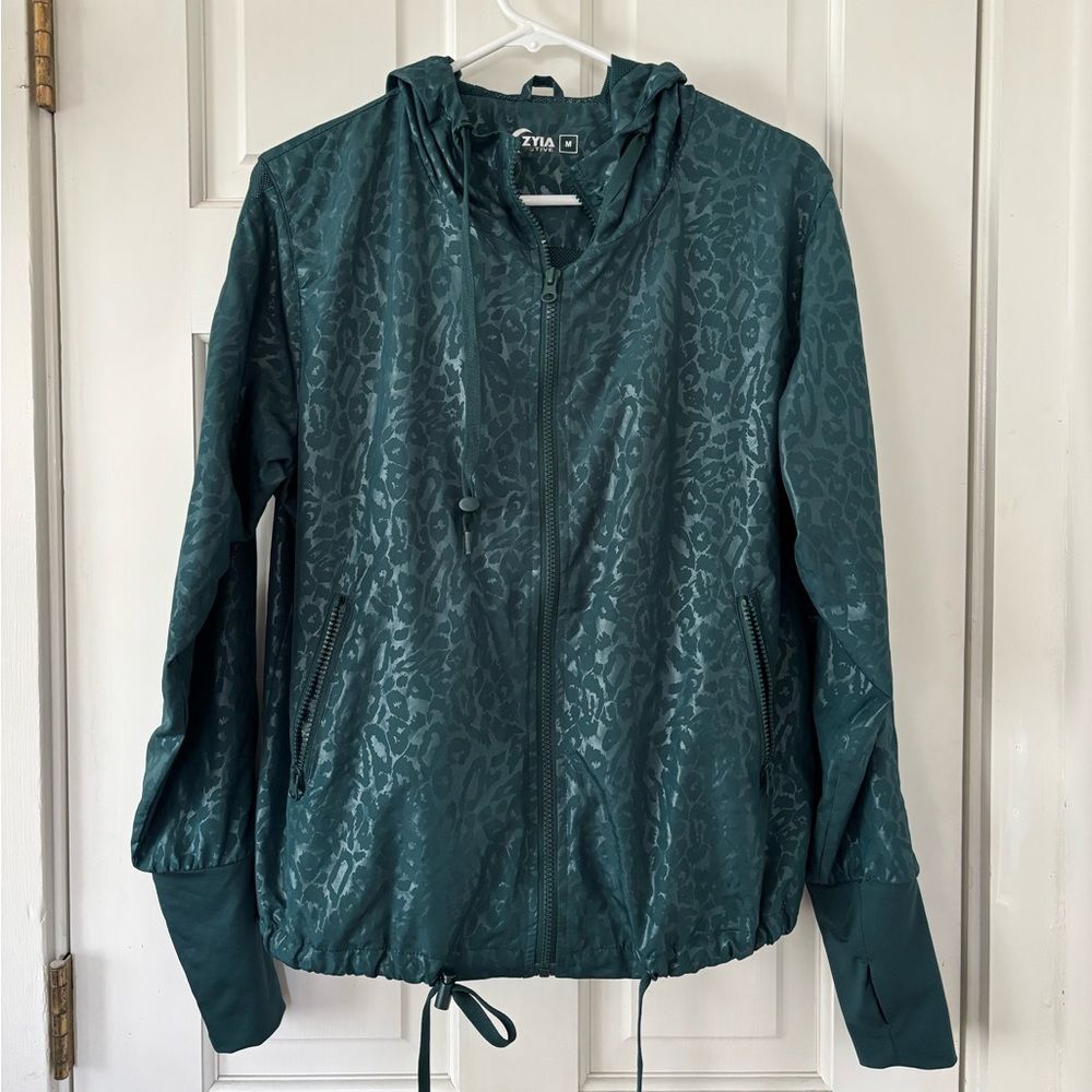 ZYIA Teal Hooded Animal-Print Lightweight Jacket
